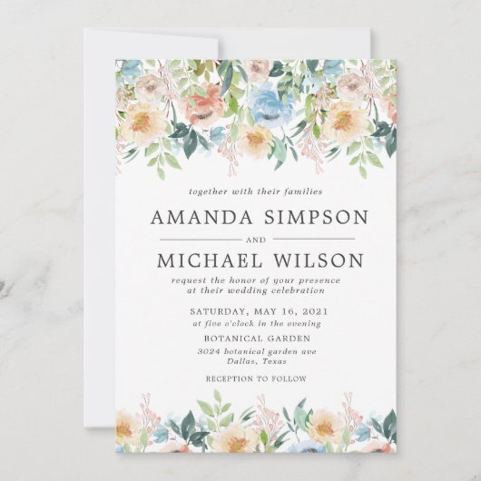 Pastel Tuin Bloemige Elegante Huwelijks Uitnodigin Kaart (Voorkant)