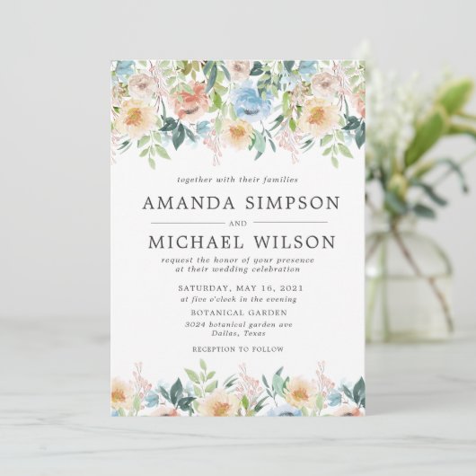 Pastel Tuin Bloemige Elegante Huwelijks Uitnodigin Kaart (Staand voorkant)