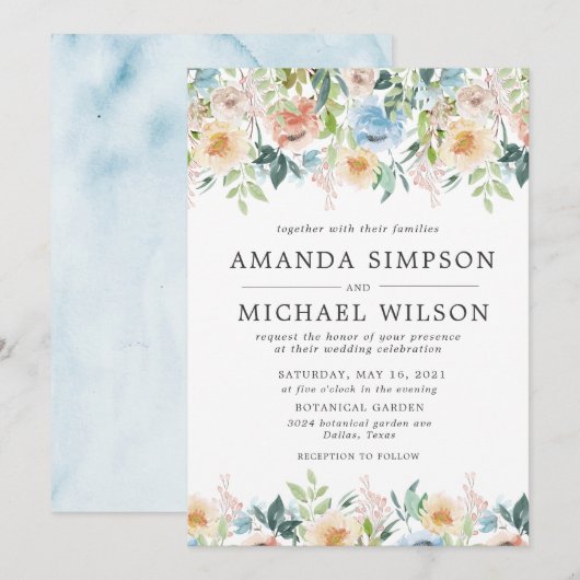 Pastel Tuin Bloemige Elegante Huwelijks Uitnodigin Kaart (Voorkant / Achterkant)