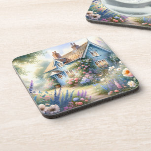 Pastel Tuin Cottage Blauwe Huis Bloemenscène Bier Onderzetter