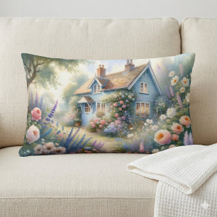 Pastel Tuin Cottage Blauwe Huis Bloemenscène Kussen