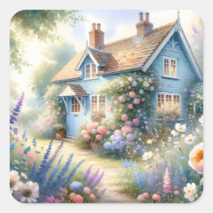 Pastel Tuin Cottage Blauwe Huis Bloemenscène Vierkante Sticker