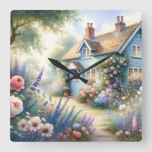 Pastel Tuin Cottage Blauwe Huis Bloemrijke Scene Vierkante Klok
