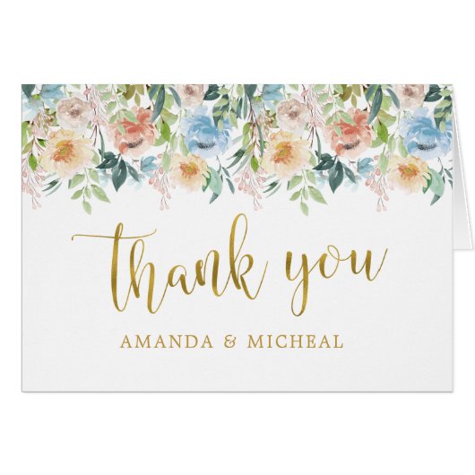 Pastel Tuin | Gouden Bloemen Bruiloft Dankkaart (Voorkant Horizontaal)