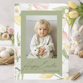 Pastel Tulips & Daffodils Happy Easter Photo Card Feestdagenkaart