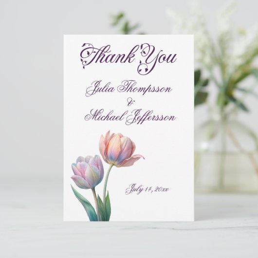 Pastel Tulp Trouw Suite Elegante Typografie Bedankkaart (Staand voorkant)