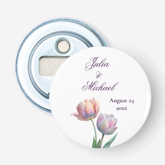 Pastel Tulp Trouw Suite Elegante Typografie Button Flesopener (Voorkant)