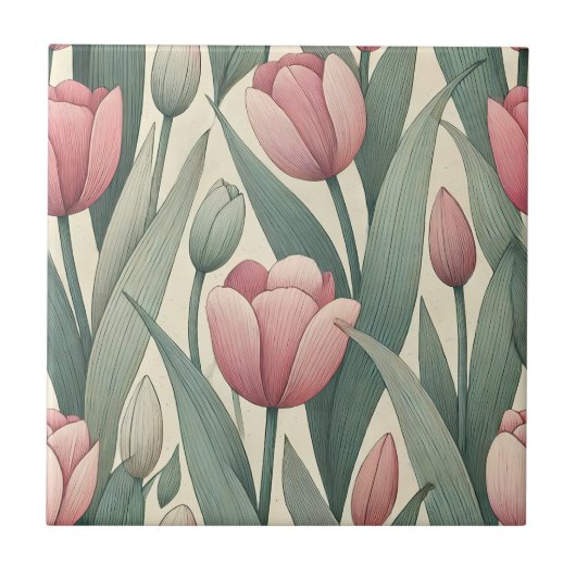Pastel Tulp Tuin Patroon Illustratie Tegeltje (Voorkant)