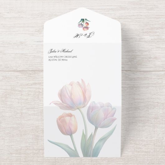 Pastel Tulp Wedding Suite Elegante Typografie All In One Uitnodiging (Buiten)