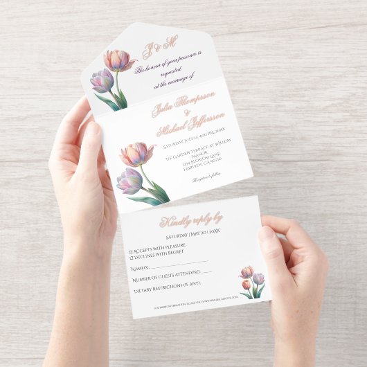 Pastel Tulp Wedding Suite Elegante Typografie All In One Uitnodiging (Uittrekbaar)