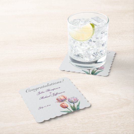 Pastel Tulp Wedding Suite Elegante Typografie Kartonnen Onderzetters (Insitu)