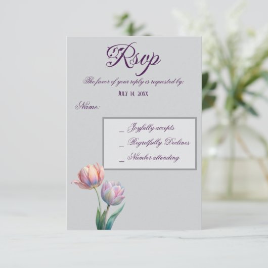 Pastel Tulp Wedding Suite Elegante Typografie RSVP Kaartje (Staand voorkant)