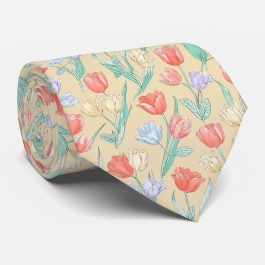 Pastel Tulpen Bloem Patroon Stropdas (Opgerold)