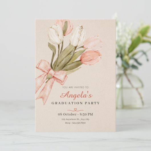 Pastel tulpen bloemen afstuderen kaart (Staand voorkant)