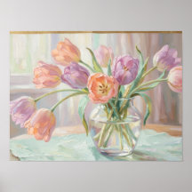 Pastel tulpen in glazen vaas fijnkunstprint