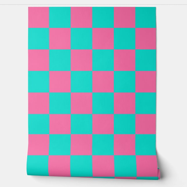 Pastel Turquoise Blauw-groen en roze Checker Behang (Afrollen)