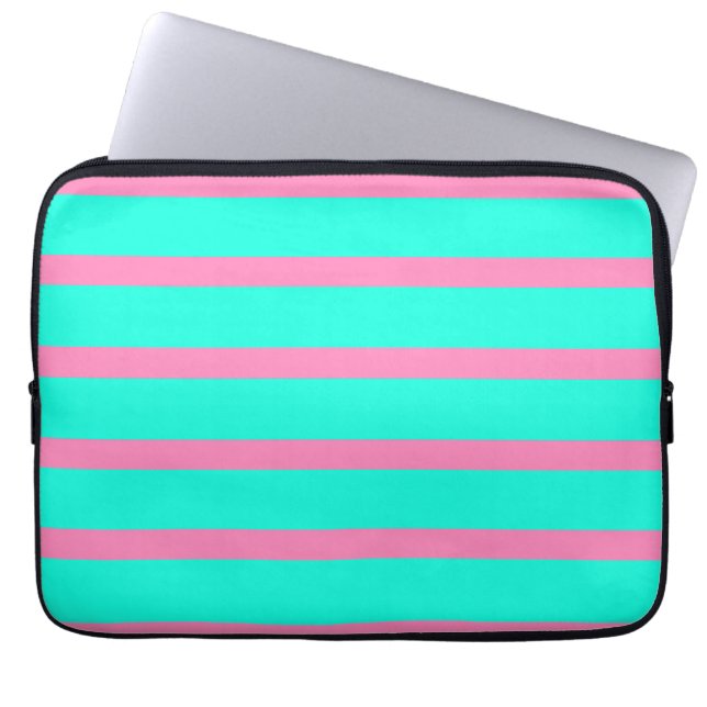 Pastel Turquoise Blauw-groene en roze strepen Laptop Sleeve (Voorkant)