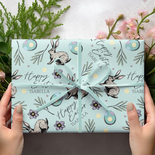 Pastel turquoise blauw Happy Easter Bunnies Cadeaupapier