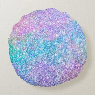 Pastel Turquoise Blue en Paarse glitter Rond Kussen
