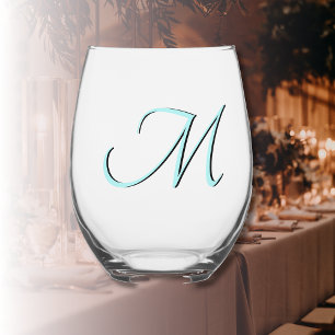 Pastel Turquoise Elegant Monogram Initiaal Letter Wijnglas Zonder Voet