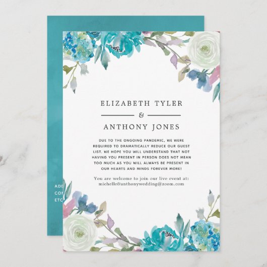 Pastel Turquoise Floral Reduced Guest List Aankondiging (Voorkant / Achterkant)