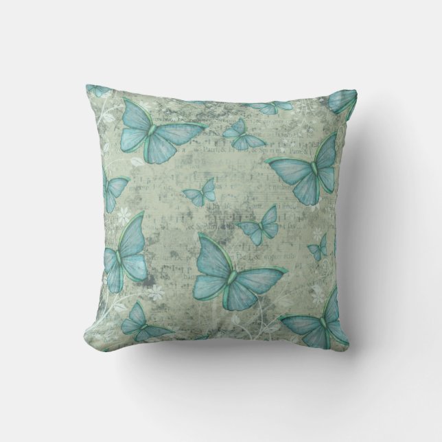 Pastel Turquoise Vlinders Vintage Stijl Patroon Kussen (Voorkant)