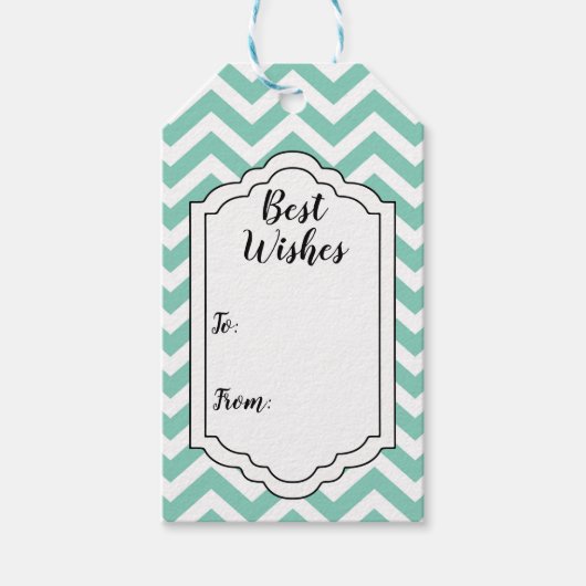 Pastel Turquoise & Witte Chevron Huwelijk Verjaard Cadeaulabel (Voorkant)