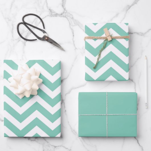 Pastel Turquoise & Witte Chevron Huwelijk Verjaard Inpakpapier Vel (Voorkant)