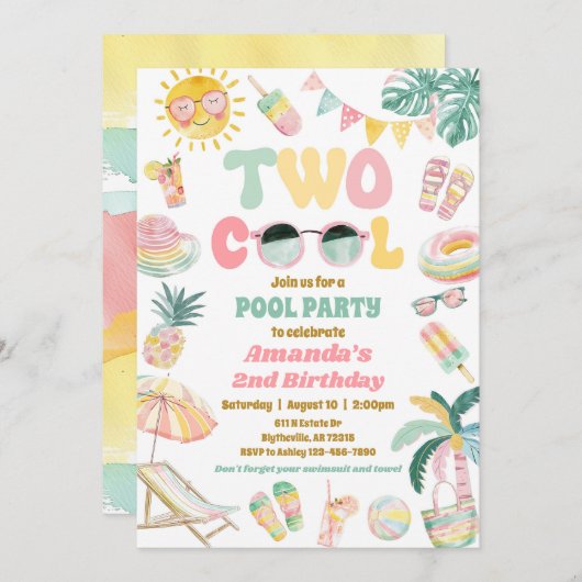 Pastel Twee Cool Verjaardag Zwembad Party Uitnodig Kaart (Voorkant / Achterkant)
