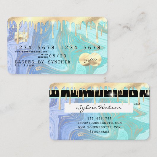 pastel unicorn aqua liquid gold marble Credit Kaar Visitekaartje (Voorkant / Achterkant)