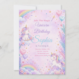 Pastel Unicorn Birthday Invitation Editable Kaart