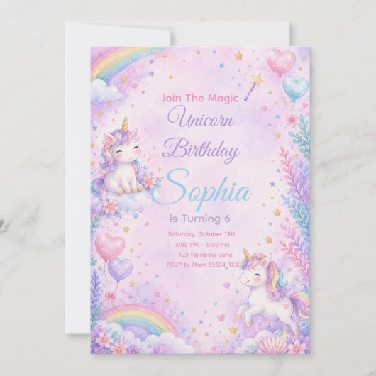 Pastel Unicorn Birthday Invitation Editable Kaart (Voorkant)