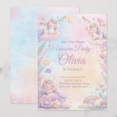 Pastel Unicorn Birthday Invitation Editable Kaart (Voorkant / Achterkant)