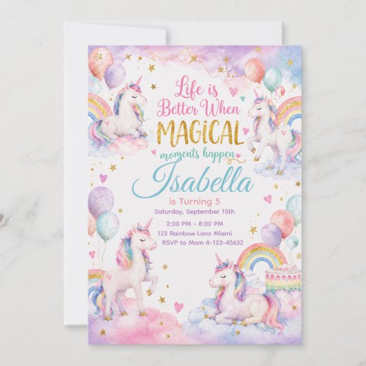 Pastel Unicorn Birthday Invitation Template Cool Kaart (Voorkant)