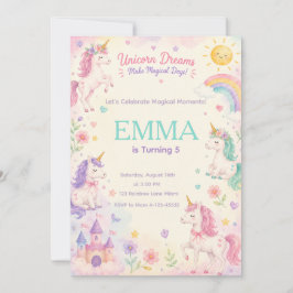 Pastel Unicorn Birthday Invitation Template Kaart
