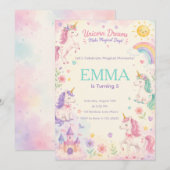 Pastel Unicorn Birthday Invitation Template Kaart (Voorkant / Achterkant)
