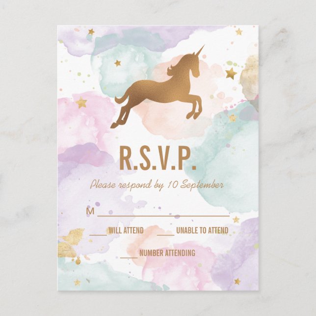 Pastel Unicorn Birthday Party RSVP Uitnodiging Briefkaart (Voorkant)