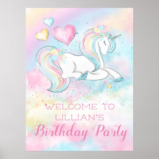 Pastel Unicorn Birthday Party Sign Banner Poster (Voorkant)