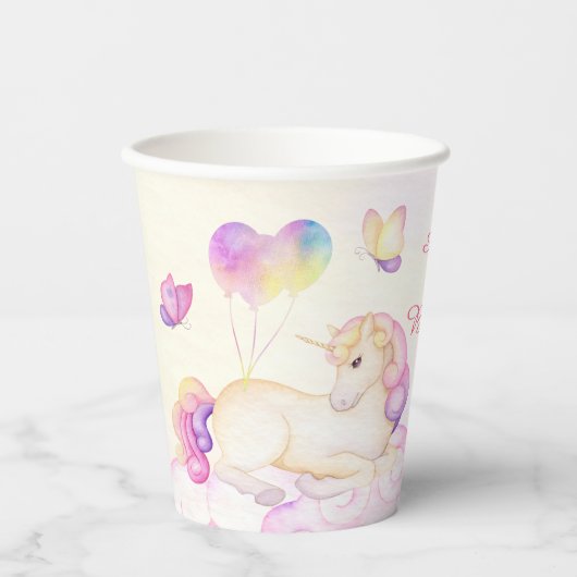 Pastel Unicorn en ballonnen van afgelopen dag Papieren Bekers (Voorkant)