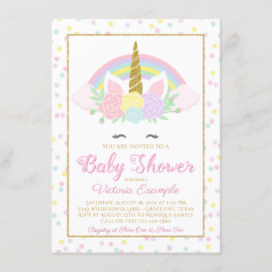 Pastel Unicorn Face Rainbow-Baby shower Uitnodigin Kaart