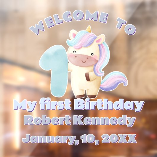 Pastel Unicorn First Birthday Celebration Date Raamsticker (Vel 2)