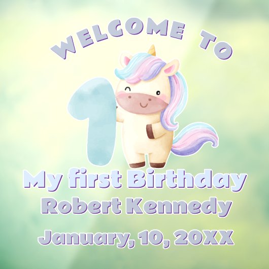Pastel Unicorn First Birthday Celebration Date Raamsticker (Vel 3)