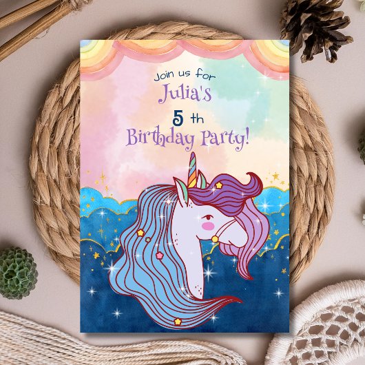 Pastel Unicorn Kids Birthday Uitnodiging