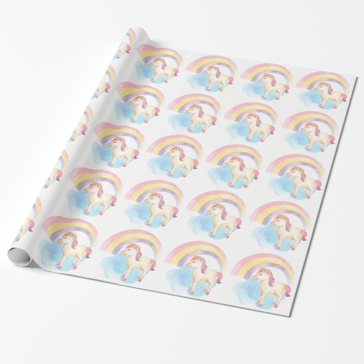 Pastel Unicorn op cloud, regenboogverlooppapier Cadeaupapier (Uitgerold)