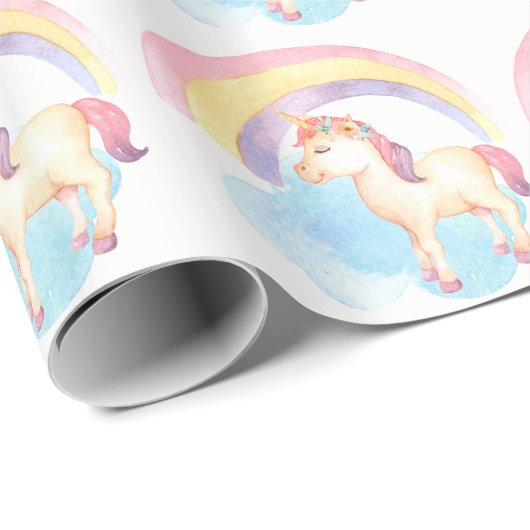 Pastel Unicorn op cloud, regenboogverlooppapier Cadeaupapier (Rol Hoek)