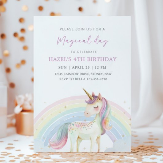 Pastel Unicorn & Rainbow Birthday Any Age Party Kaart