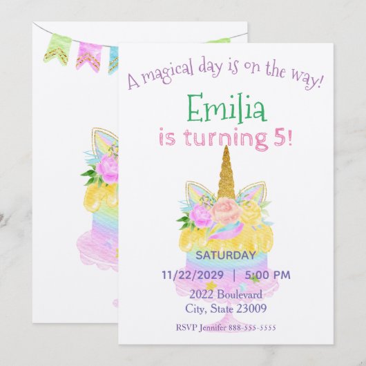 Pastel Unicorn Rainbow Birthday Uitnodiging (Voorkant / Achterkant)