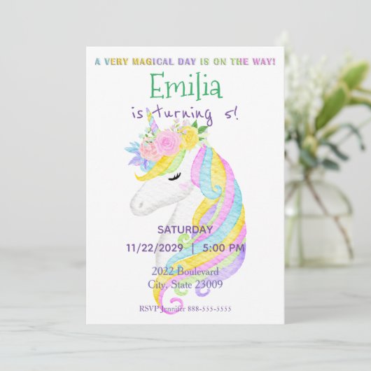 Pastel Unicorn Rainbow Birthday Uitnodiging (Staand voorkant)