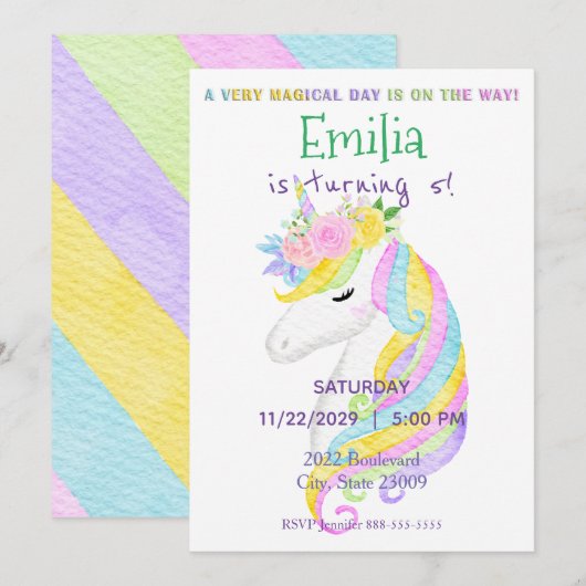 Pastel Unicorn Rainbow Birthday Uitnodiging (Voorkant / Achterkant)