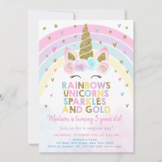 Pastel Unicorn Rainbow Sparkles Birthday Kaart (Voorkant)